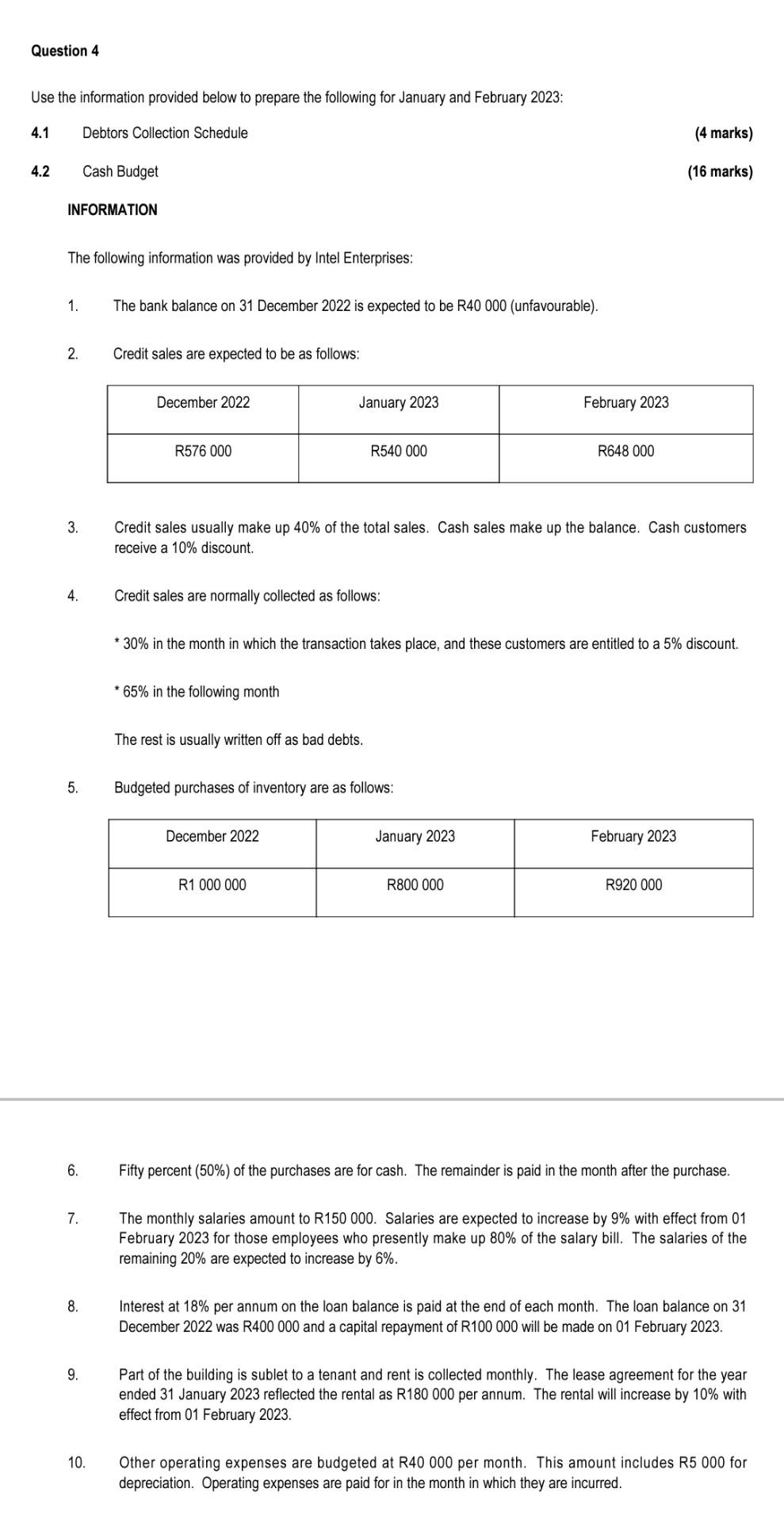 Question 4 Use The Information Provided Below To Prepare The Following For January And February 2023 4 1 Debtors Collec 1