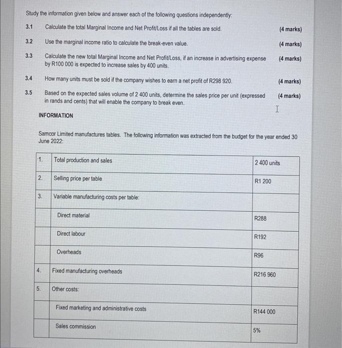 Study The Information Given Below And Answer Each Of The Following Questions Independently 3 1 Calculate The Total Marg 1