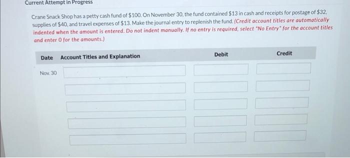 Current Attempt In Progress Crane Snack Shop Has A Petty Cash Fund Of 100 On November 30 The Fund Contained 13 In Ca 1