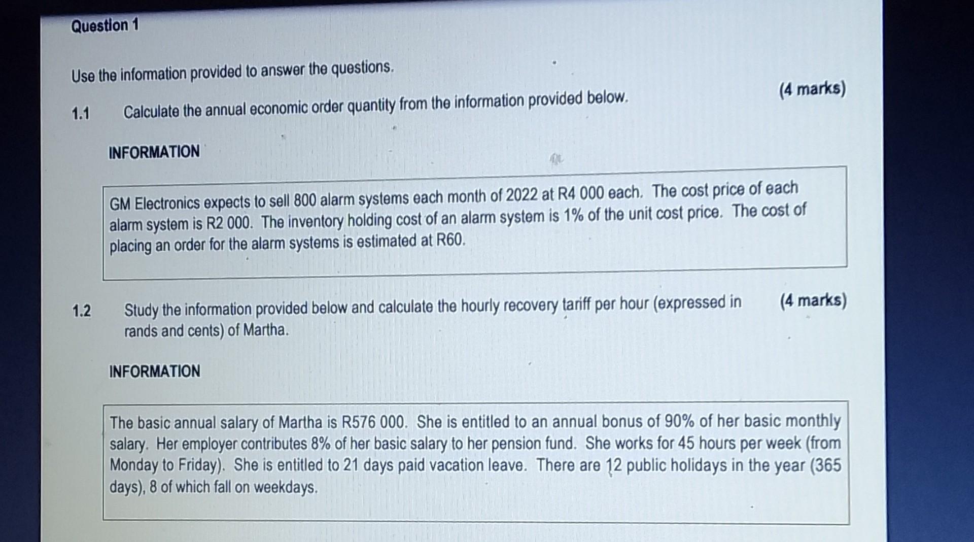 Question 1 Use The Information Provided To Answer The Questions 1 1 1 2 Calculate The Annual Economic Order Quantity Fr 1