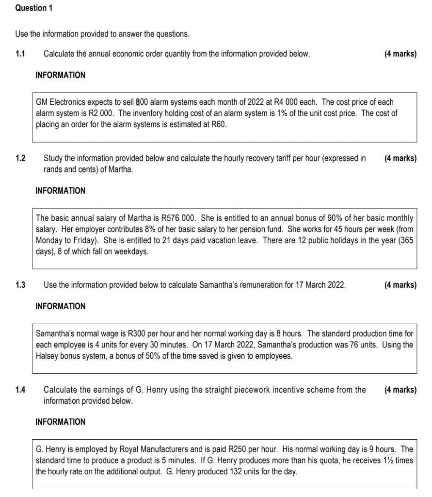 Question 1 Use The Information Provided To Answer The Questions 1 1 1 2 1 3 1 4 Calculate The Annual Economic Order Qua 1