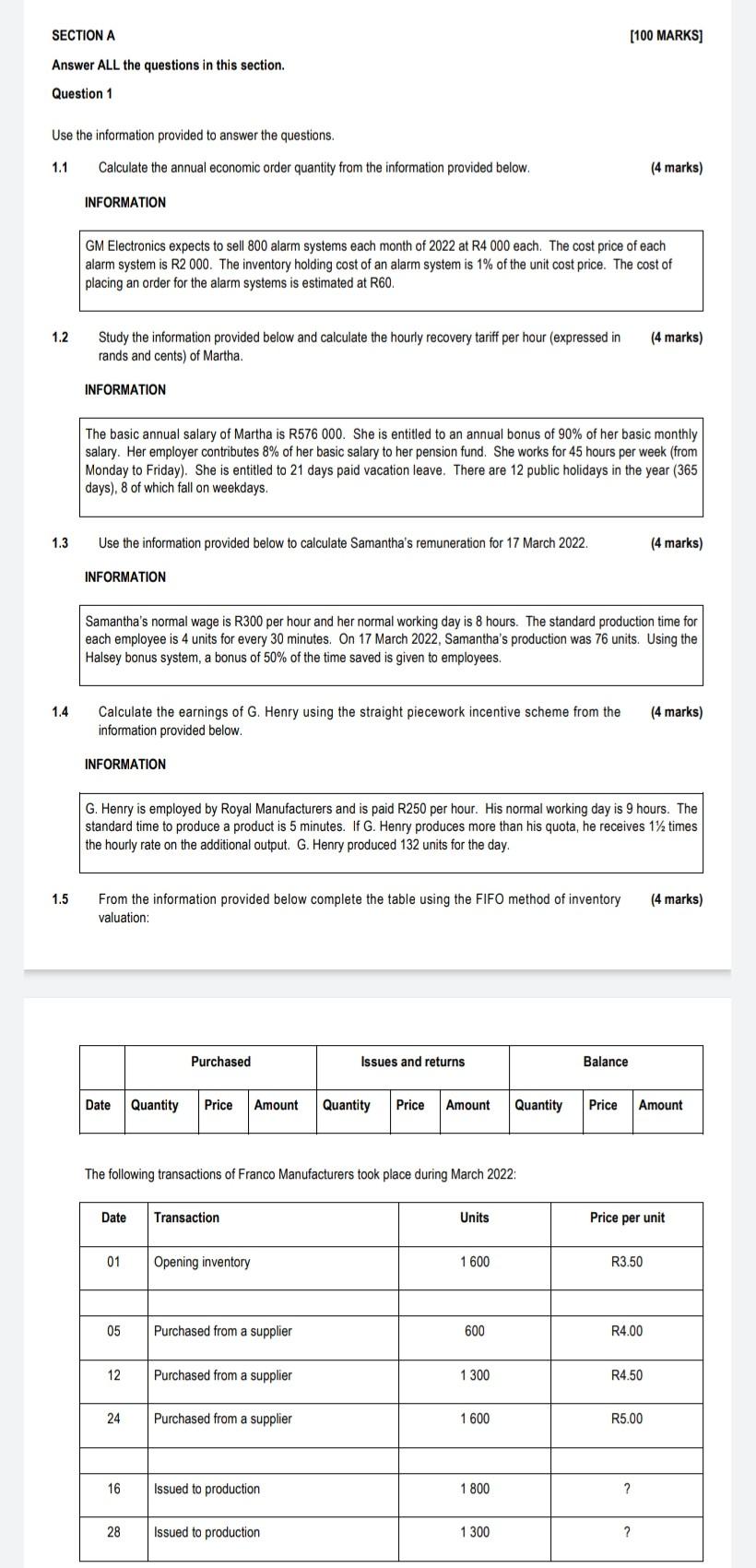 Section A Answer All The Questions In This Section Question 1 Use The Information Provided To Answer The Questions 1 1 1