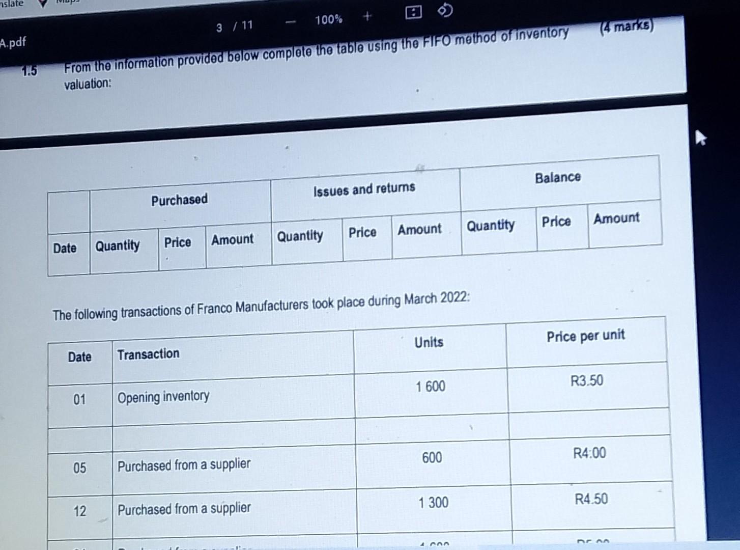 Slate A Pdf 1 5 Date Quantity From The Information Provided Below Complete The Table Using The Fifo Method Of Inventory 1