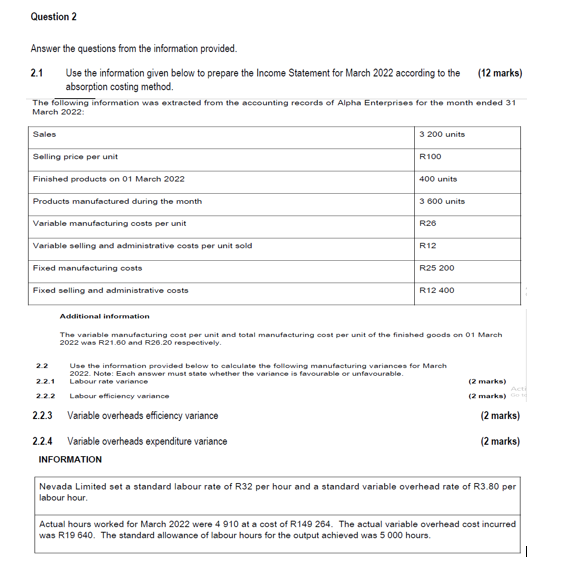 Question 2 Answer The Questions From The Information Provided 2 1 Use The Information Given Below To Prepare The Income 1