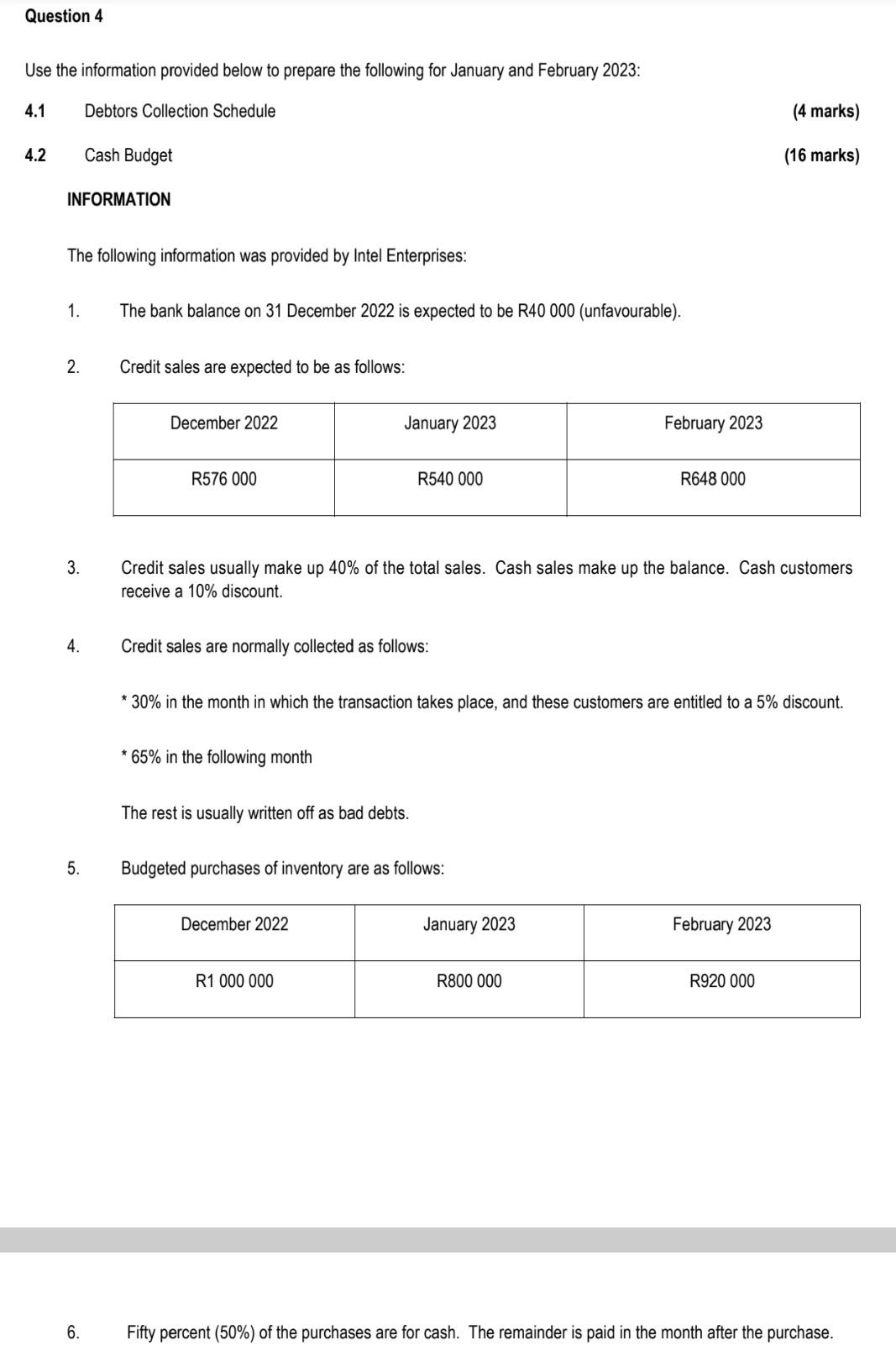 Question 4 Use The Information Provided Below To Prepare The Following For January And February 2023 4 1 Debtors Collec 1