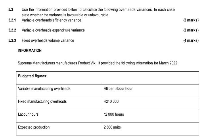 Use The Information Provided Below To Calculate The Following Overheads Variances In Each Case State Whether The Varian 1