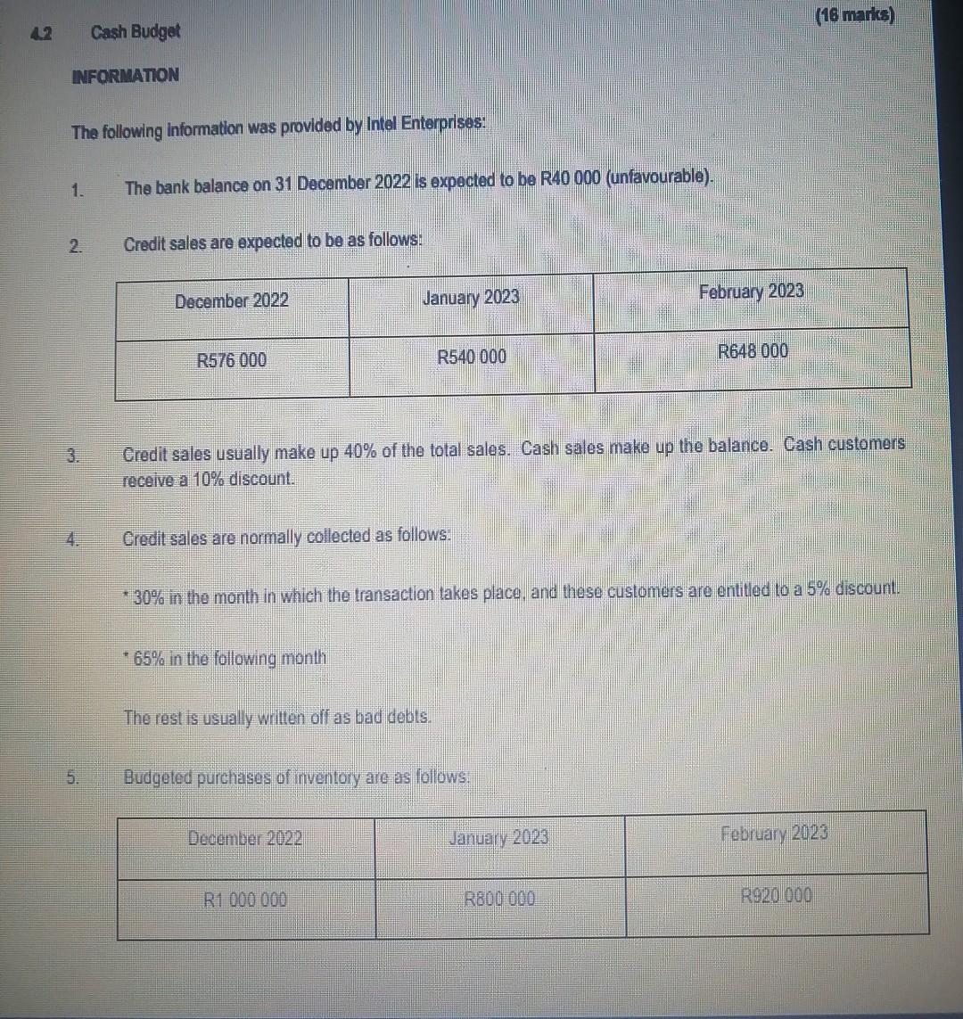 Cash Budget Use The Information Provided To Prepare Cash Budget 1