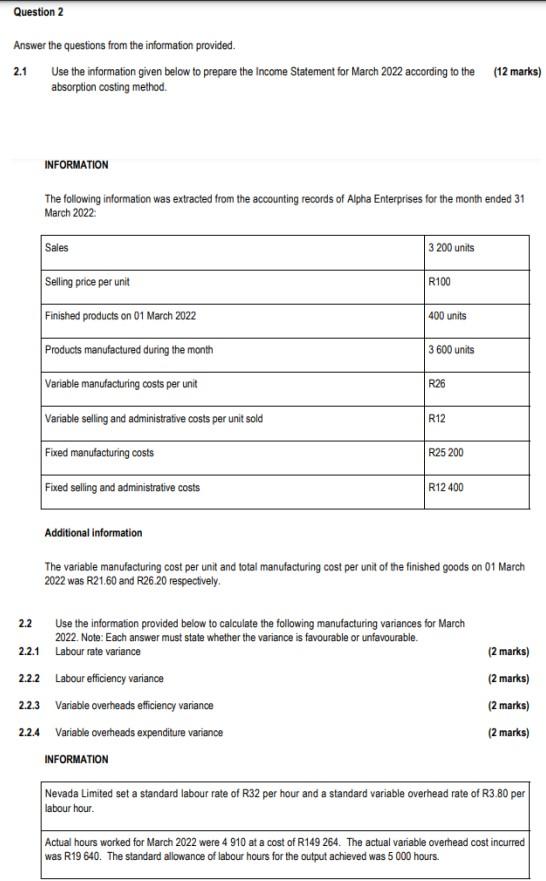 Question 2 Answer The Questions From The Information Provided 2 1 Use The Information Given Below To Prepare The Income 1