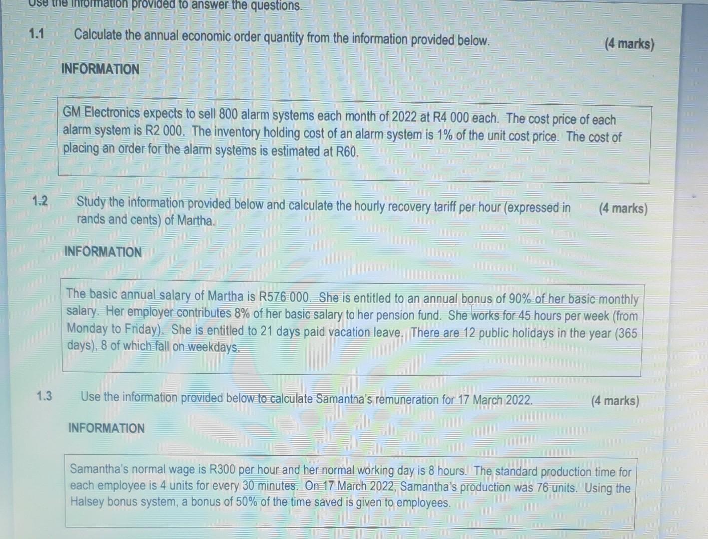 Use The Information Provided To Answer The Questions 1 1 1 2 1 3 Calculate The Annual Economic Order Quantity From The 1