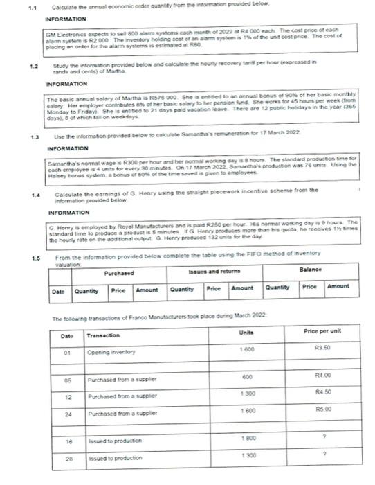 1 1 1 2 1 3 1 4 1 5 Calculate The Annual Economic Order Quantity From The Information Provided Below Information Gm Ele 2