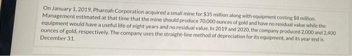 On January 1 2019 Pharoah Corporation Acquired A Small Mine For 35 Million Along With Equipment Costing 8 Million M 1