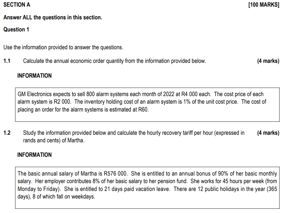 Section A Answer All The Questions In This Section Question 1 Use The Information Provided To Answer The Questions 1 1 1