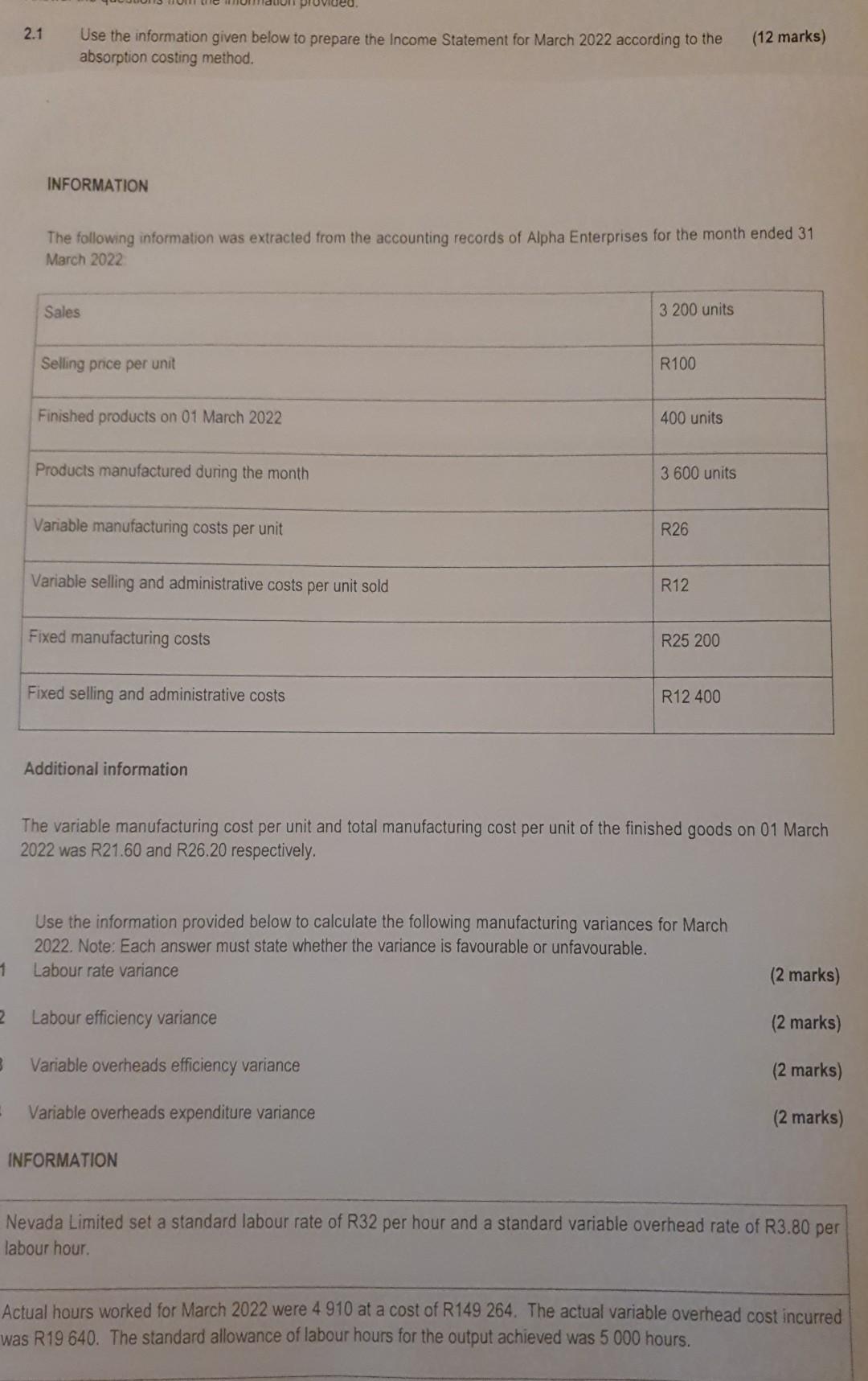 1 2 1 Use The Information Given Below To Prepare The Income Statement For March 2022 According To The 12 Marks Absorpt 1