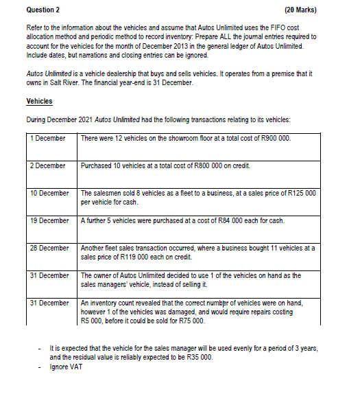 Question 2 20 Marks Refer To The Information About The Vehicles And Assume That Autos Unlimited Uses The Fifo Cost All 1
