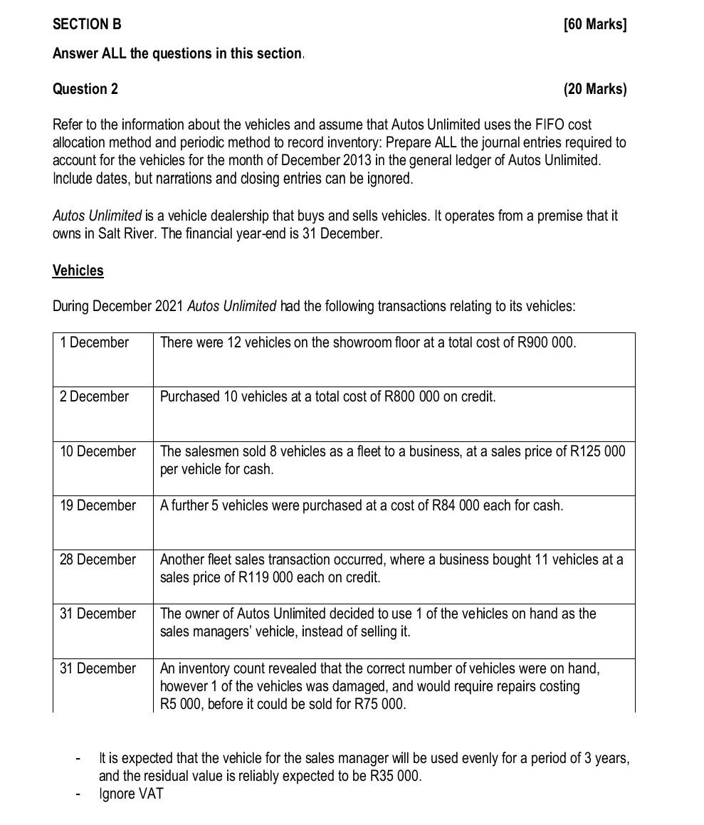 Section B Answer All The Questions In This Section Question 2 20 Marks Refer To The Information About The Vehicles An 1