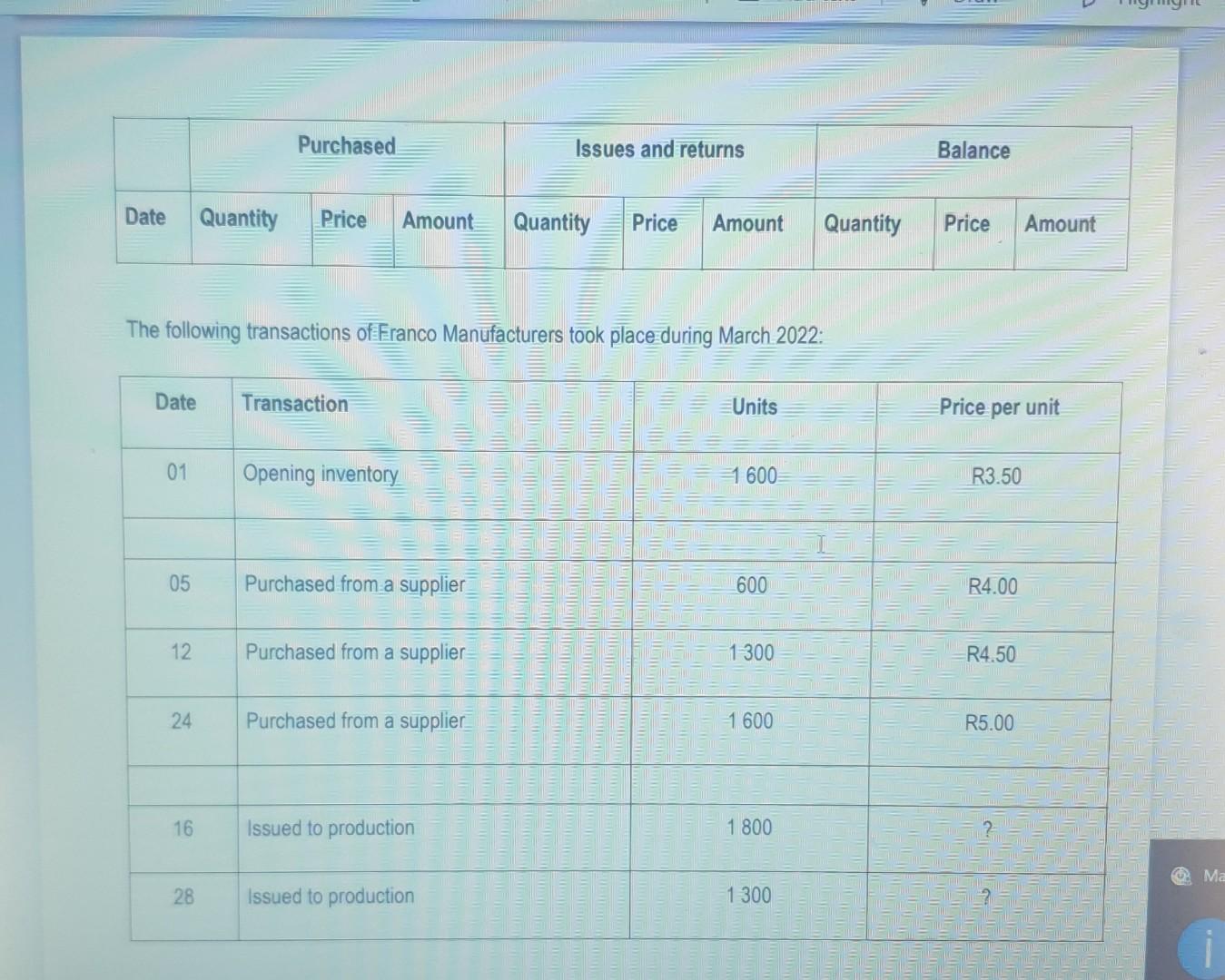 Date Quantity Price Amount Quantity Price Amount Date 01 The Following Transactions Of Franco Manufacturers Took Place D 1