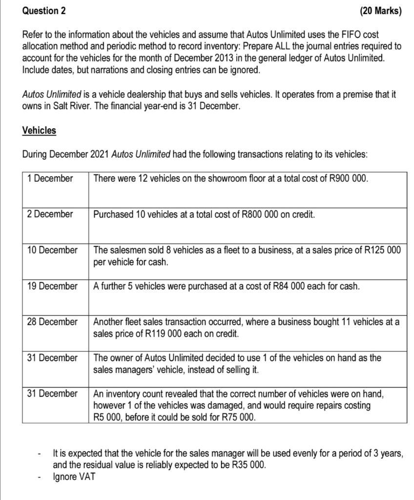 Question 2 20 Marks Refer To The Information About The Vehicles And Assume That Autos Unlimited Uses The Fifo Cost All 1