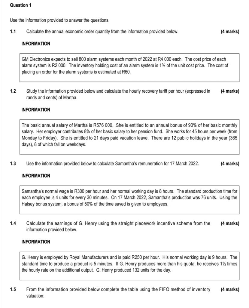 Question 1 Use The Information Provided To Answer The Questions 1 1 1 2 1 3 1 4 1 5 Calculate The Annual Economic Order 1