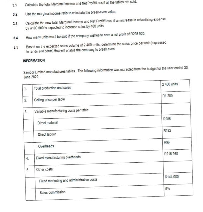 3 1 3 2 3 3 3 4 3 5 Calculate The Total Marginal Income And Net Profit Loss If All The Tables Are Sold Use The Marginal 1