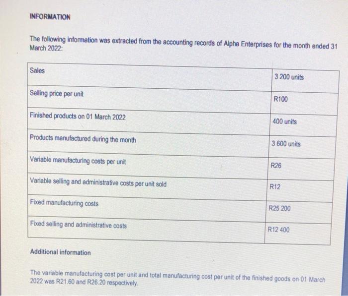 2 1 Use The Information Given Below To Prepare The Income Statement For March 2022 According To The Absorption Costing M 1