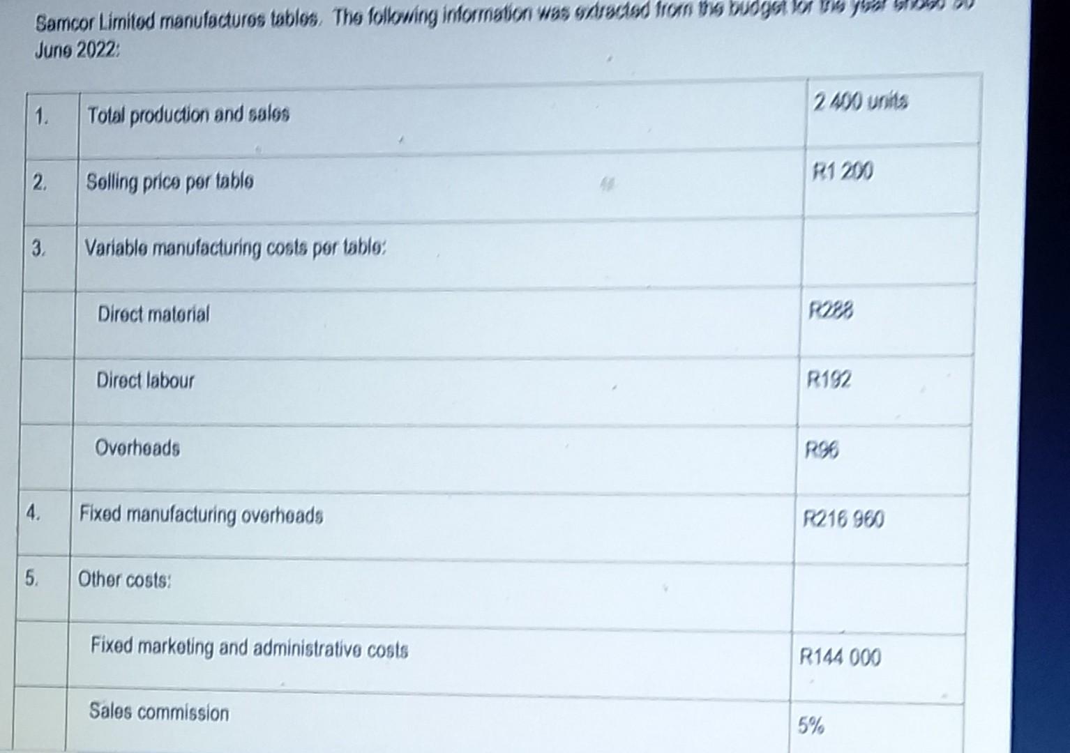Samcor Limited Manufactures Tables The Following Information Was Extracted From The Budget June 2022 1 2 3 4 5 To 1