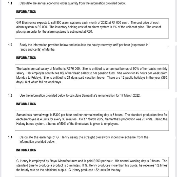 1 1 1 2 1 3 1 4 Calculate The Annual Economic Order Quantity From The Information Provided Below Information Gm Electro 1
