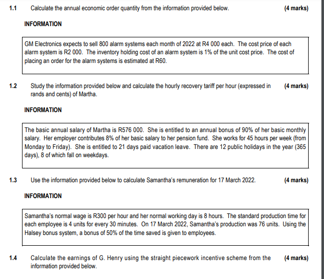 1 1 1 2 1 3 1 4 Calculate The Annual Economic Order Quantity From The Information Provided Below Information 4 Marks 1