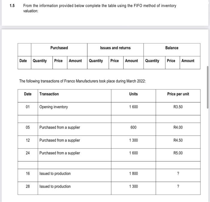 1 5 From The Information Provided Below Complete The Table Using The Fifo Method Of Inventory Valuation Date Quantity P 1