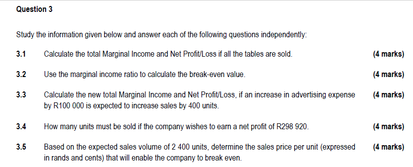 Question 3 Study The Information Given Below And Answer Each Of The Following Questions Independently Calculate The Tot 1