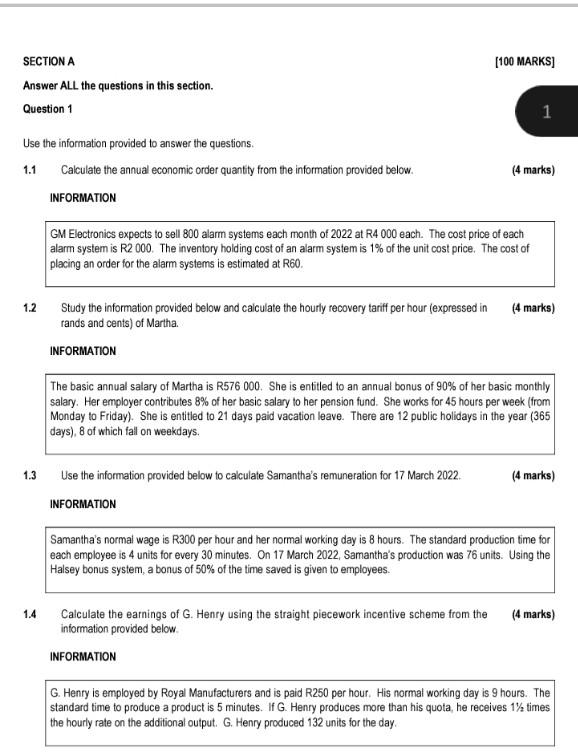 Section A Answer All The Questions In This Section Question 1 Use The Information Provided To Answer The Questions 1 1 1