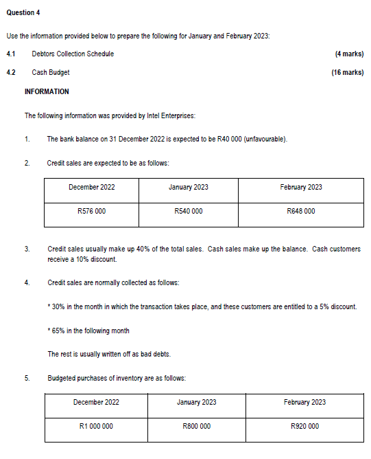 Question 4 Use The Information Provided Below To Prepare The Following For January And February 2023 4 1 Debtors Collec 1