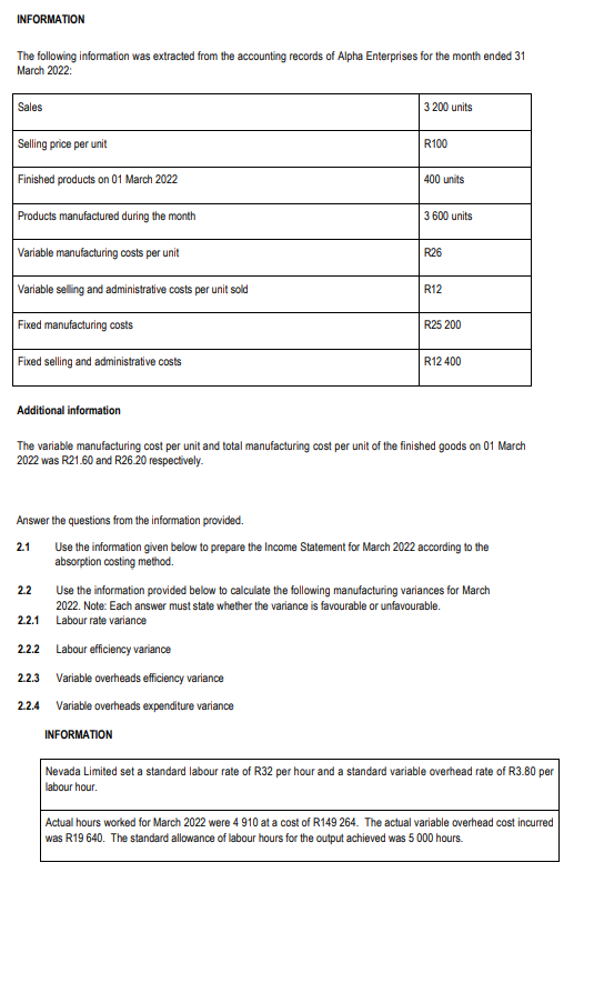 Information The Following Information Was Extracted From The Accounting Records Of Alpha Enterprises For The Month Ended 1