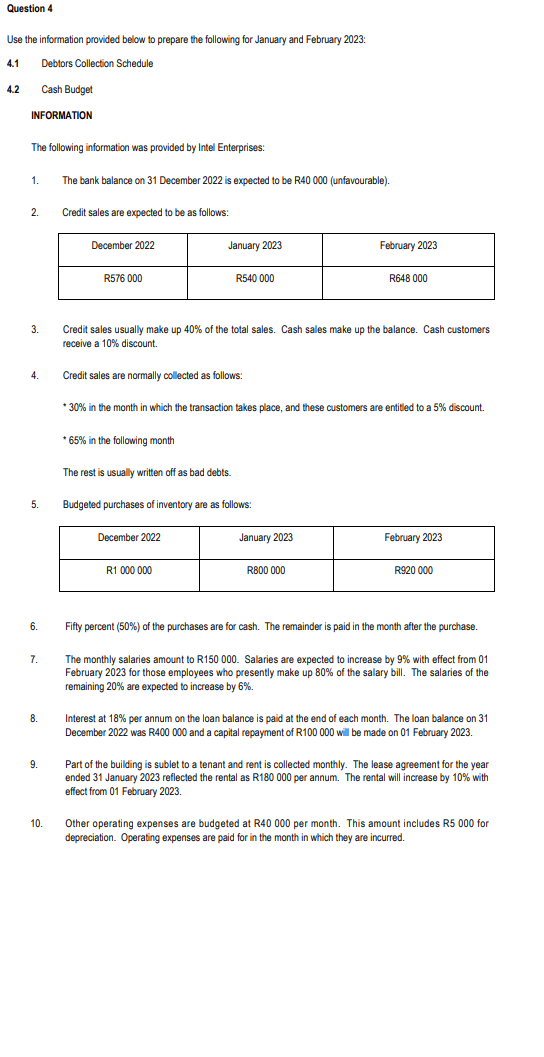 Question 4 Use The Information Provided Below To Prepare The Following For January And February 2023 4 1 Debtors Collec 1