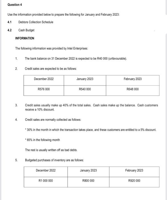 Question 4 Use The Information Provided Below To Prepare The Following For January And February 2023 4 1 Debtors Collec 2