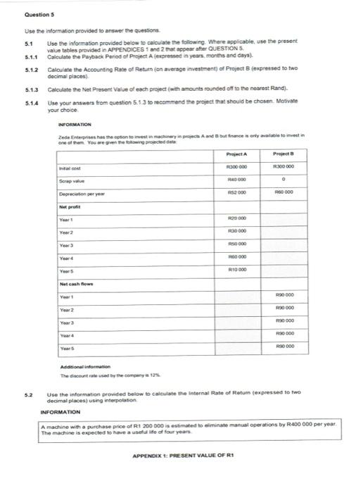 Question 5 Use The Information Provided To Answer The Questions 5 1 Use The Information Provided Below To Calculate The 1