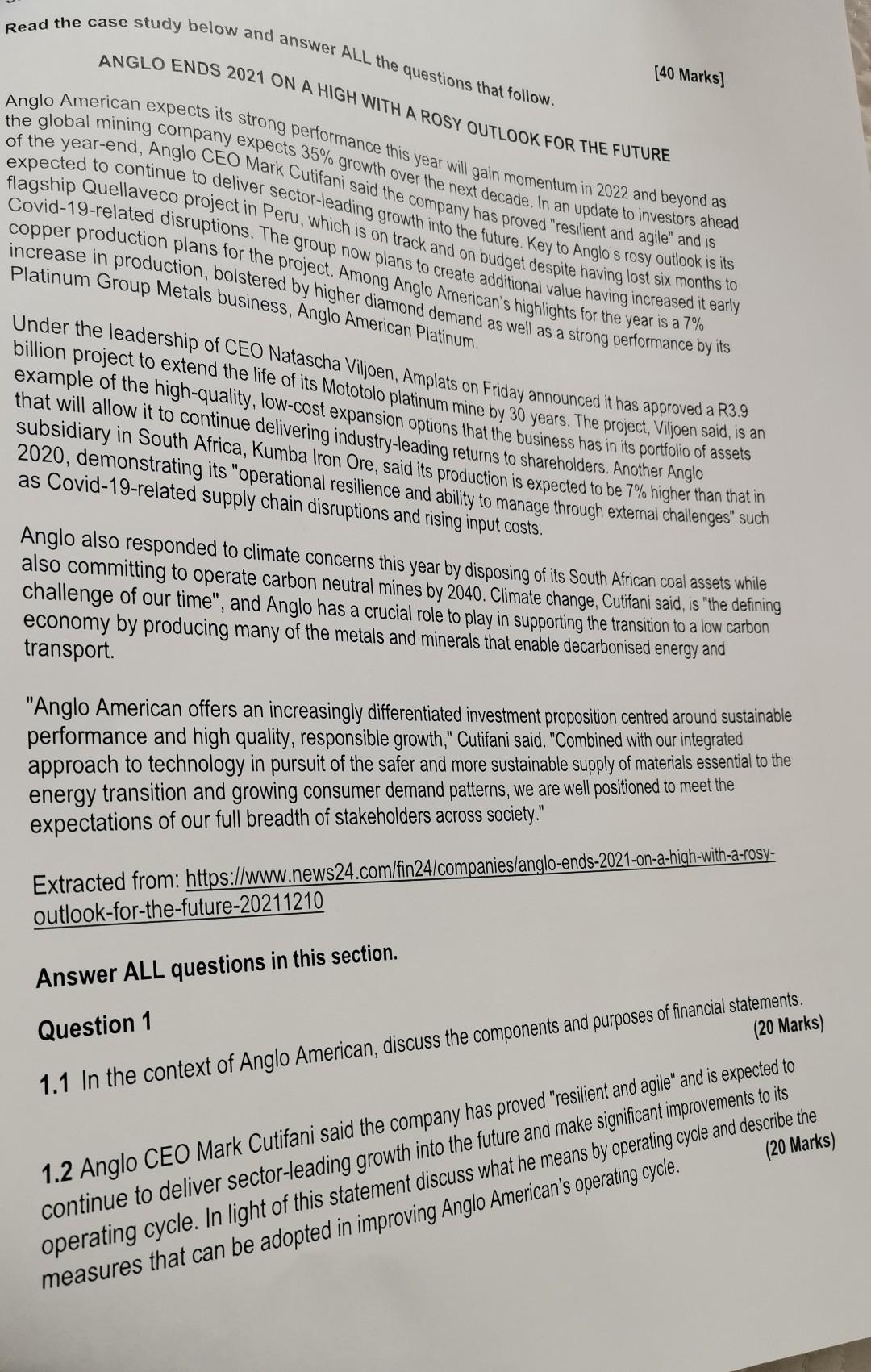 Read The Case Study Below And Answer All The Questions That Follow Anglo Ends 2021 On A High With A Rosy Outlook For Th 1