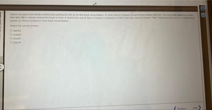 Harris Company Had Checks Outstanding Totaling 5 039 On Its May Bank Reconciliation In June Harris Company Issued Che 1