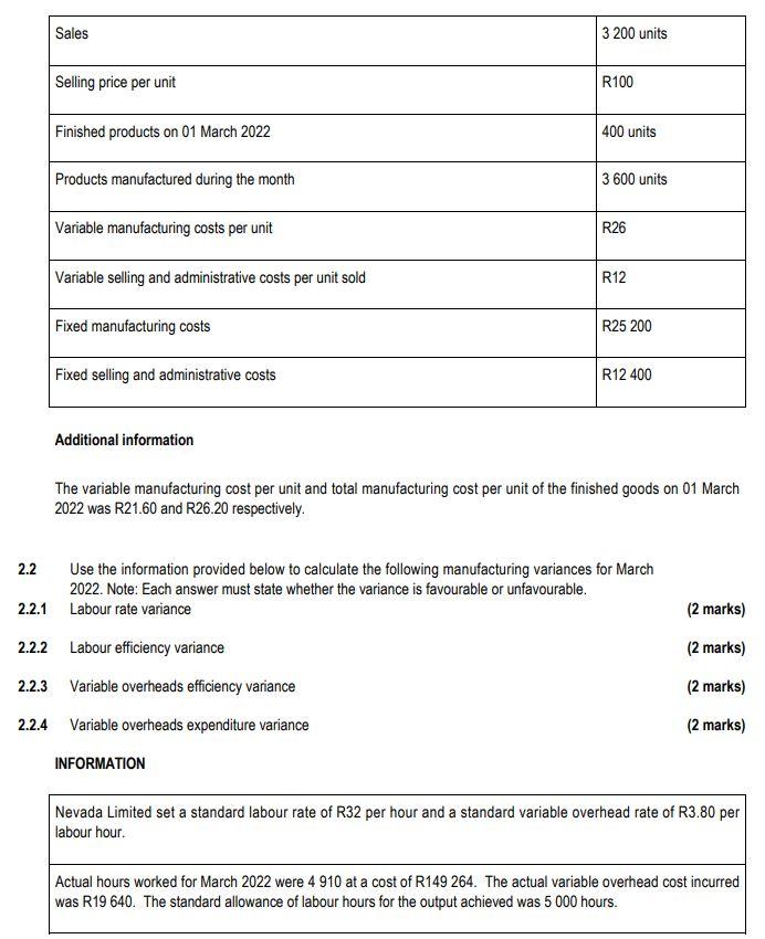 2 2 Sales Selling Price Per Unit Finished Products On 01 March 2022 2 2 4 Products Manufactured During The Month Variabl 1