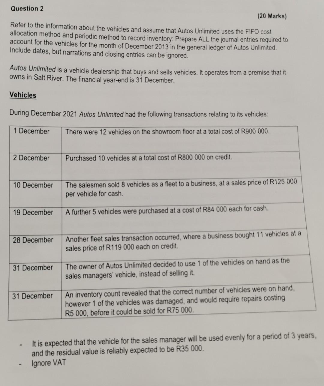 Question 2 Refer To The Information About The Vehicles And Assume That Autos Unlimited Uses The Fifo Cost Allocation Met 1