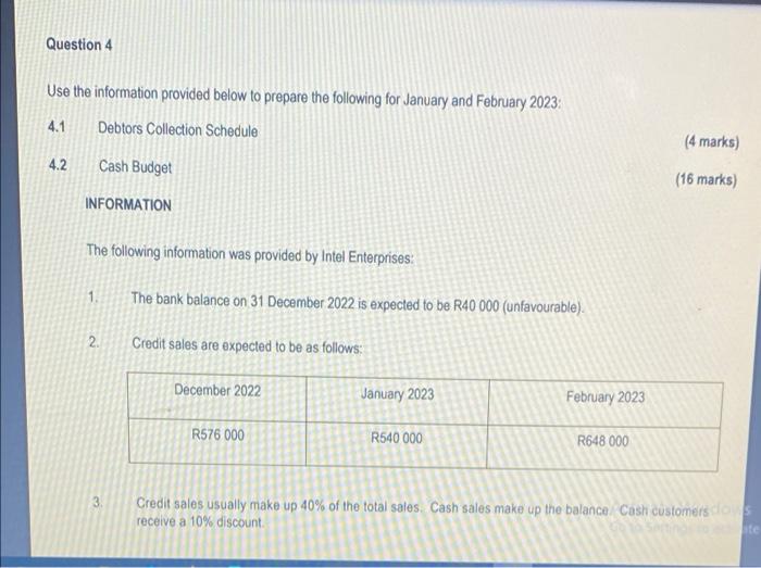 Question 4 Use The Information Provided Below To Prepare The Following For January And February 2023 4 1 Debtors Collec 1
