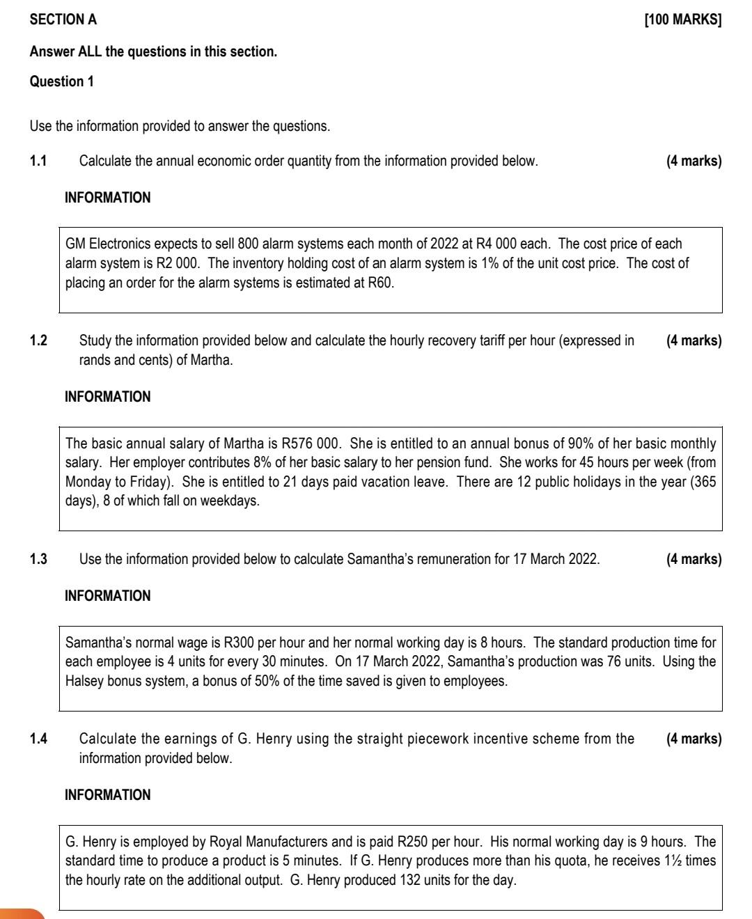 Section A Answer All The Questions In This Section Question 1 Use The Information Provided To Answer The Questions 1 1 1
