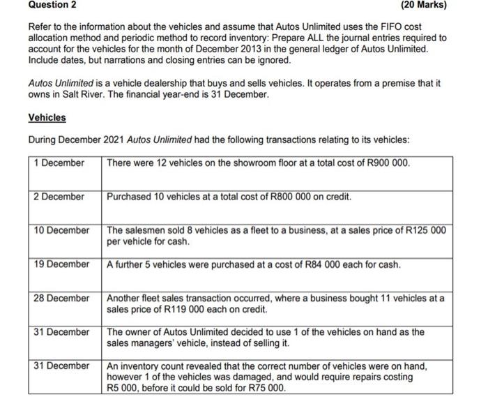 Question 2 20 Marks Refer To The Information About The Vehicles And Assume That Autos Unlimited Uses The Fifo Cost All 1