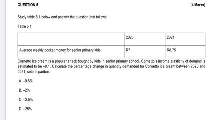 Question 5 Study Table 5 1 Below And Answer The Question That Follows Table 5 1 B 2 C 2 5 2020 D 25 Average Weekl 1