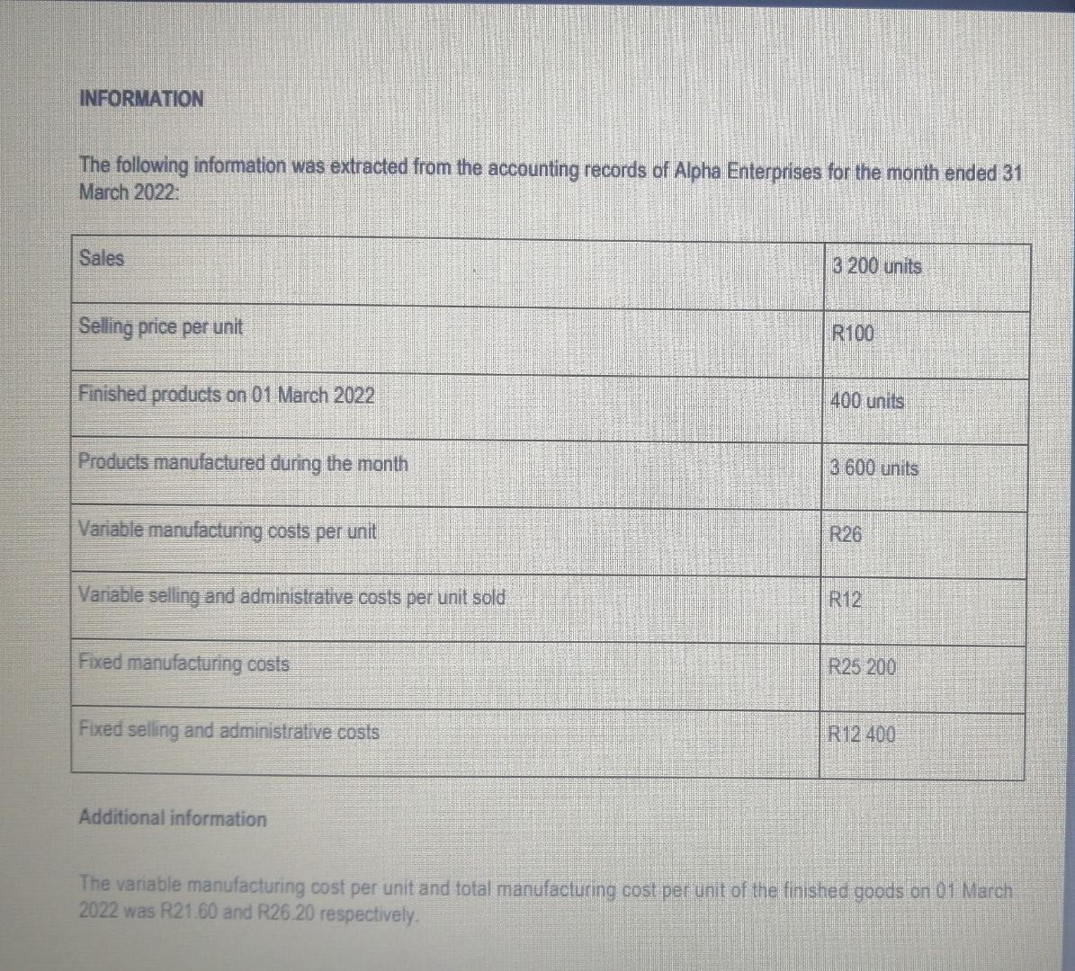 Information The Following Information Was Extracted From The Accounting Records Of Alpha Enterprises For The Month Ended 1