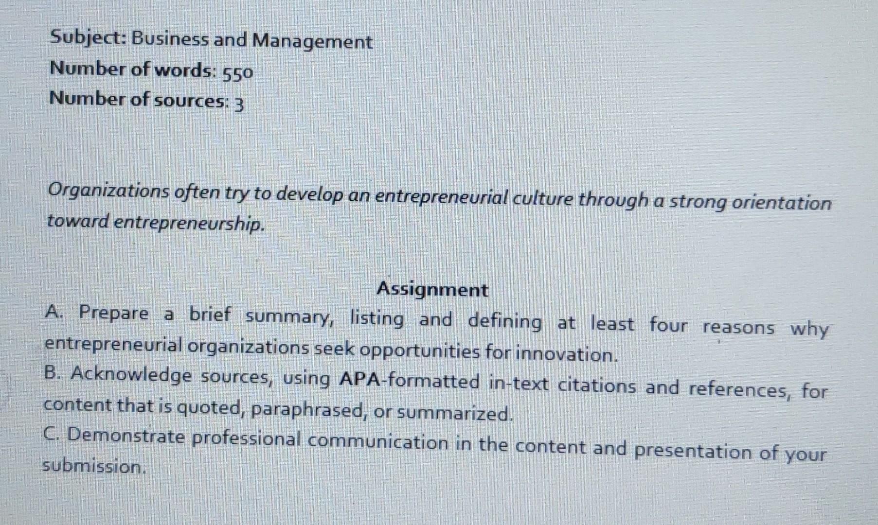 Subject Business And Management Number Of Words 550 Number Of Sources 3 Organizations Often Try To Develop An Entrepr 1