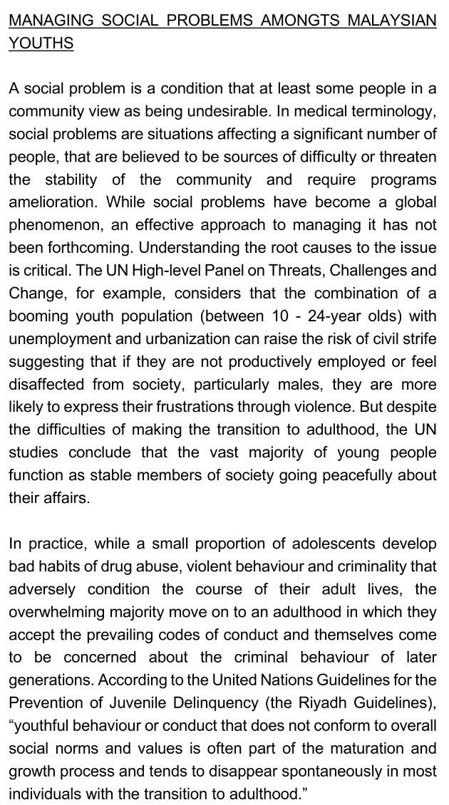 Managing Social Problems Amongts Malaysian Youths A Social Problem Is A Condition That At Least Some People In A Communi 1