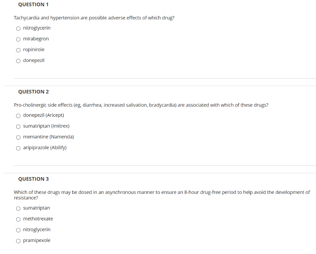 Question 1 Tachycardia And Hypertension Are Possible Adverse Effects Of Which Drug O Nitroglycerin O Mirabegron O Ropin 1