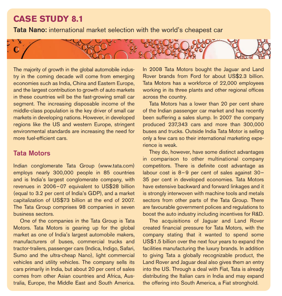 Case Study 8 1 Tata Nano International Market Selection With The World S Cheapest Car The Majority Of Growth In The Glo 1