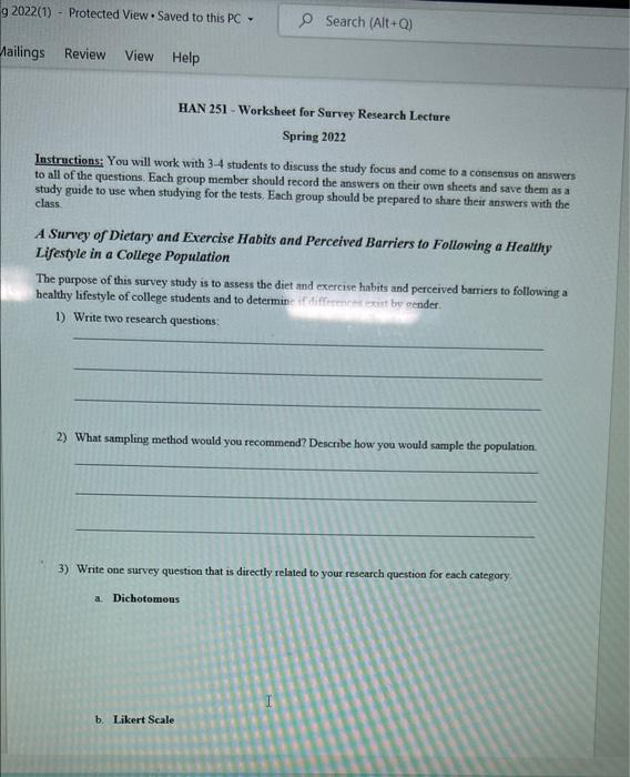 G 2022 1 Protected Viewsaved To This Pc Search Alt 0 Mailings Review View Help Han 251 Worksheet For Survey Rese 1