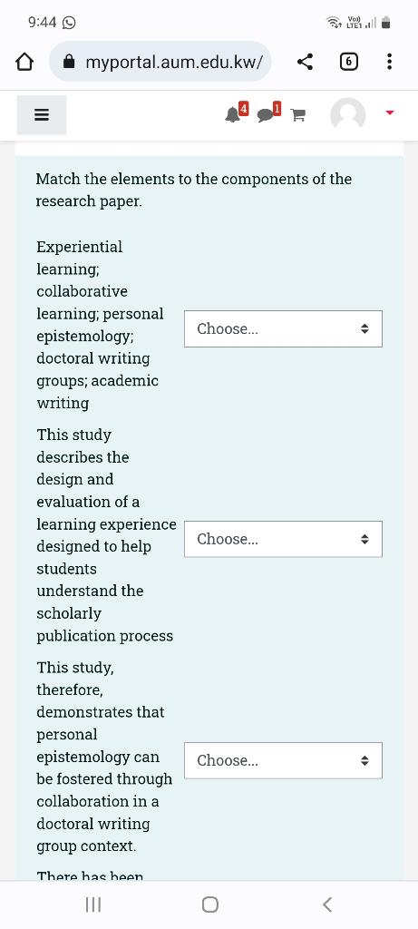 9 44 O Myportal Aum Edu Kw Match The Elements To The Components Of The Research Paper Experiential Learning Collabora 1